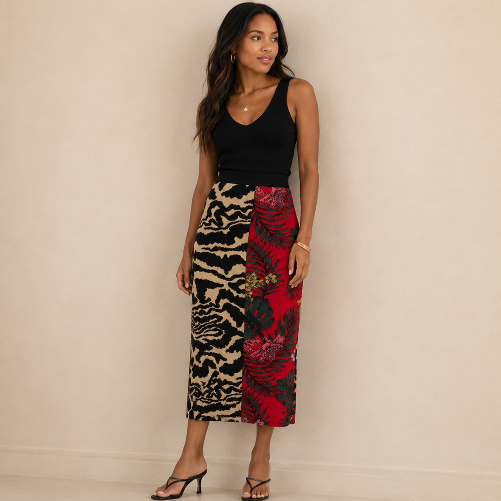 Anthropologie Aldomartins Contrast Knit Midi Skirt Animal Tropical XS NWT